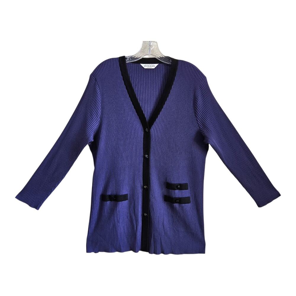 MISOOK Women's Plus 2X Cardigan Sweater Button Up Purple Black Ribbed Knit 48"